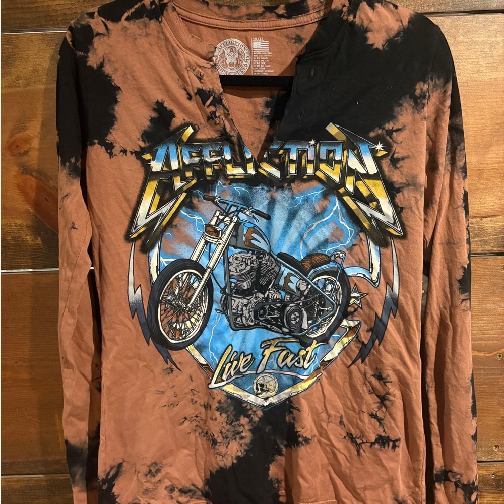 NWOT Affliction Black and Orange Motorcycle Graphic Shirt